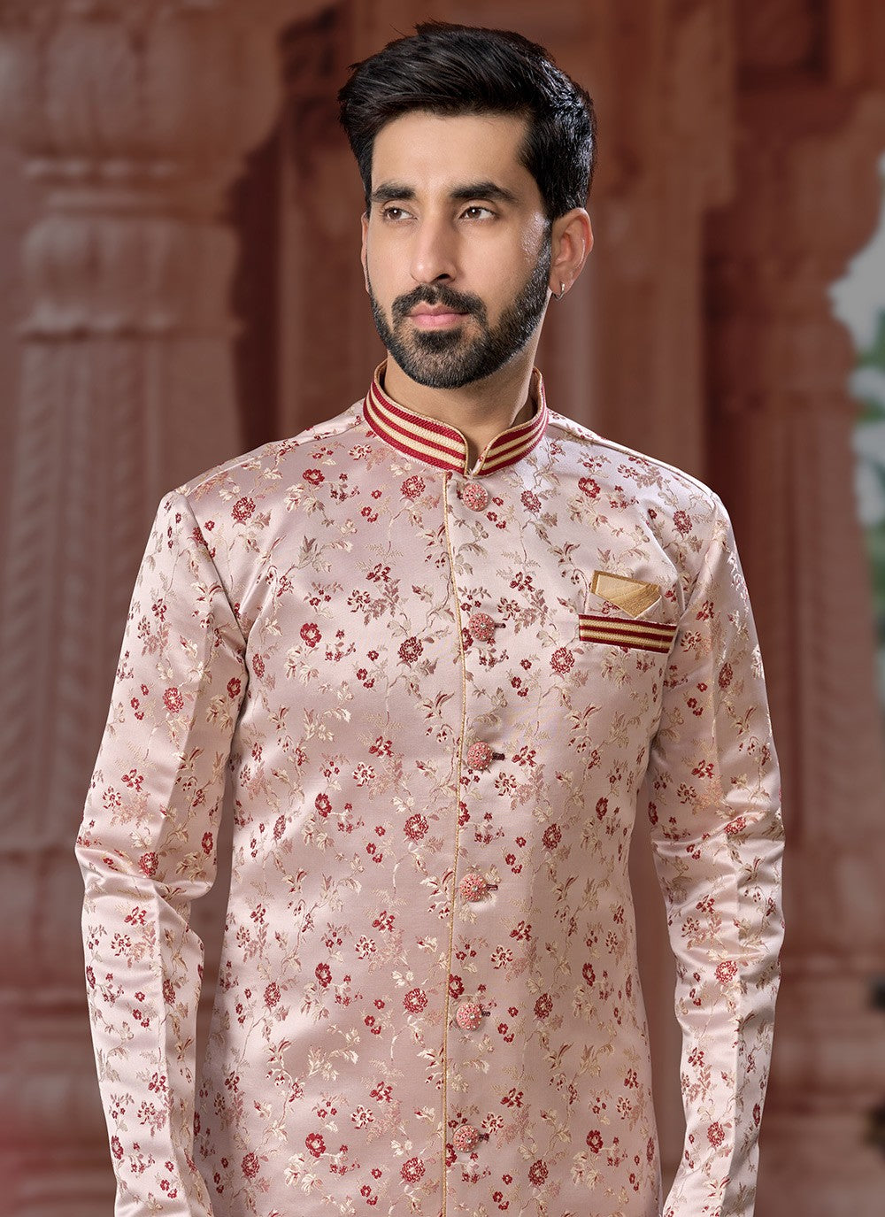 Fancy Work Jacquard Mauve Indo Western Sherwani - M6913