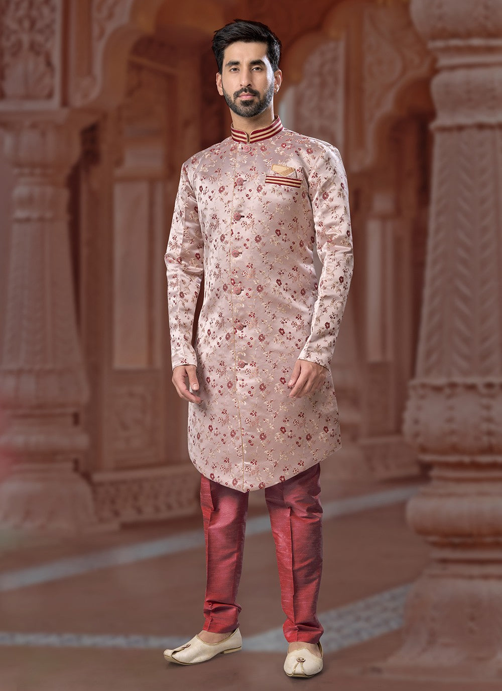Fancy Work Jacquard Mauve Indo Western Sherwani - M6913