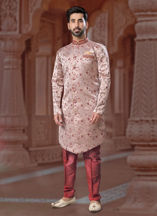 Fancy Work Jacquard Mauve Indo Western Sherwani - M6913