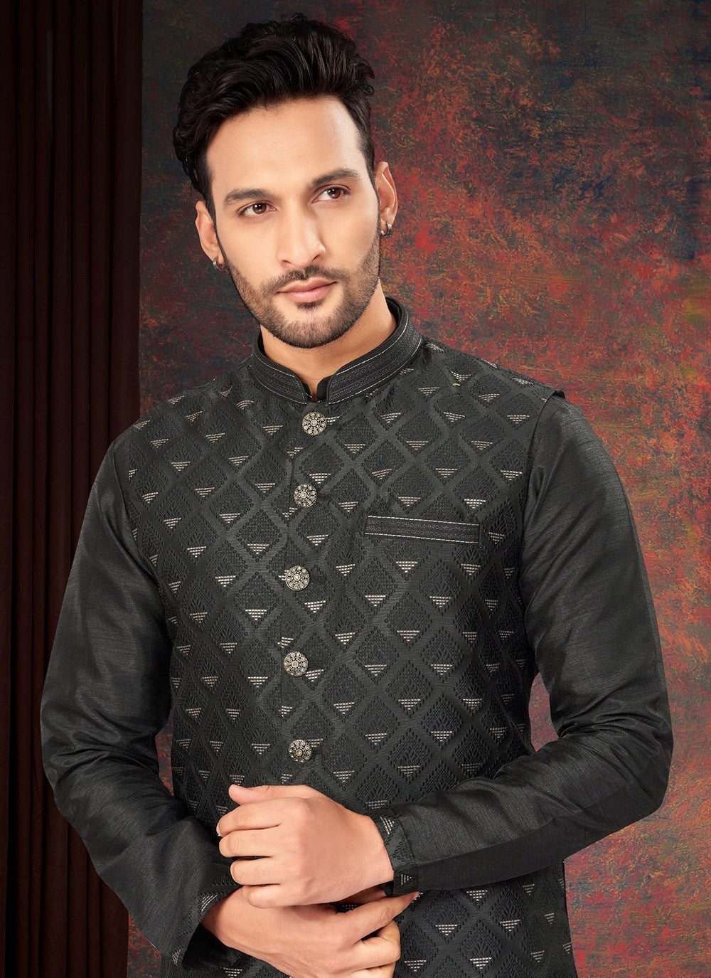 Fancy Work Jacquard Black Kurta Payjama With Jacket - M7181