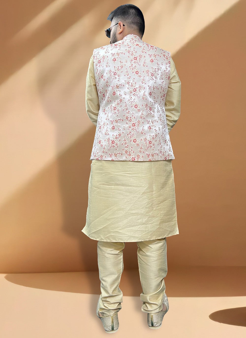 Fancy Work Jacquard, Silk Cream, Gold Kurta Payjama With Jacket - M5386
