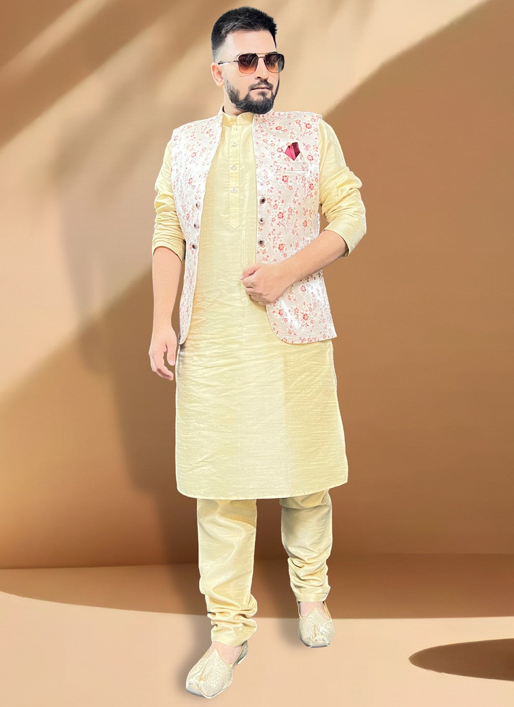 Fancy Work Jacquard, Silk Cream, Gold Kurta Payjama With Jacket - M5386