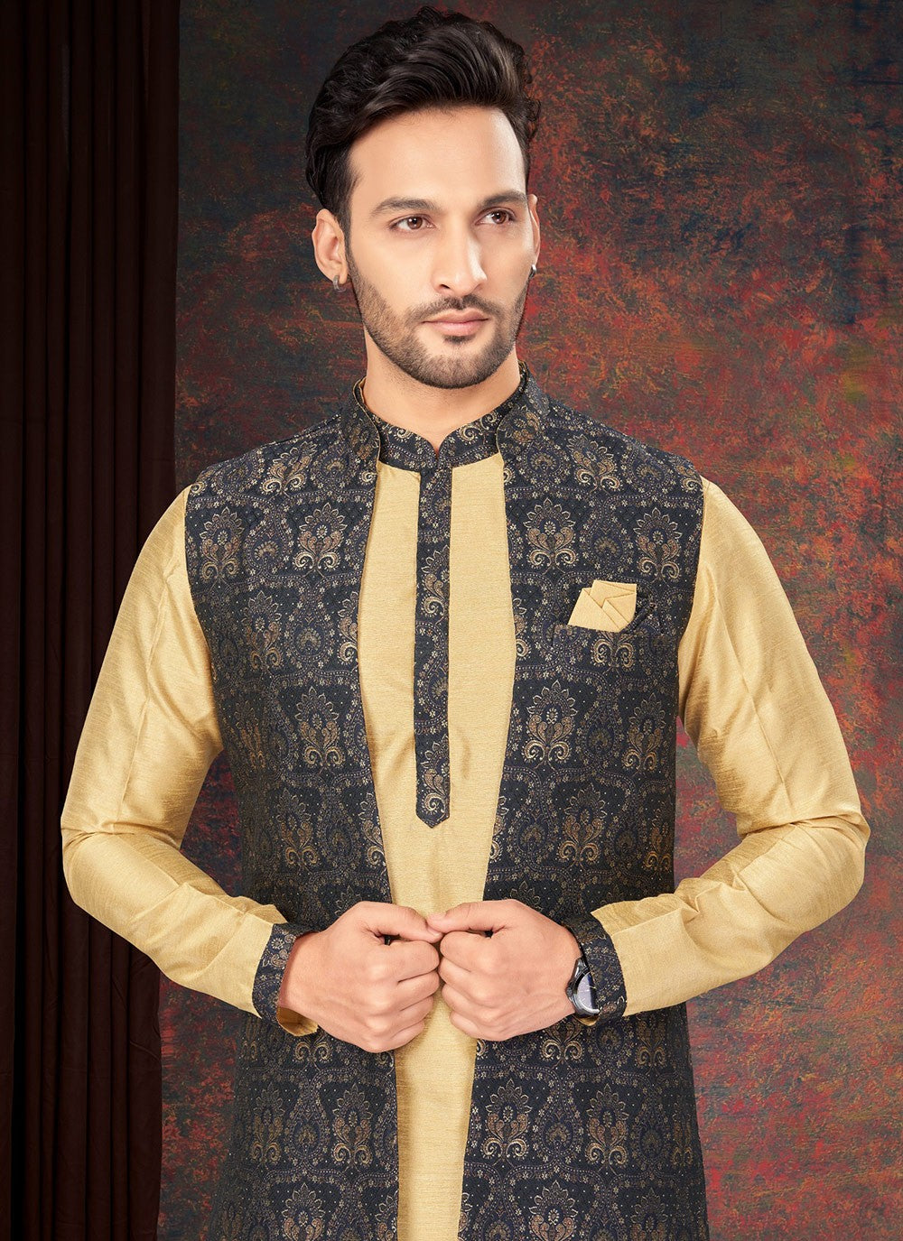 Fancy Work Jacquard Cream, Multi Colour Kurta Payjama With Jacket - M7186