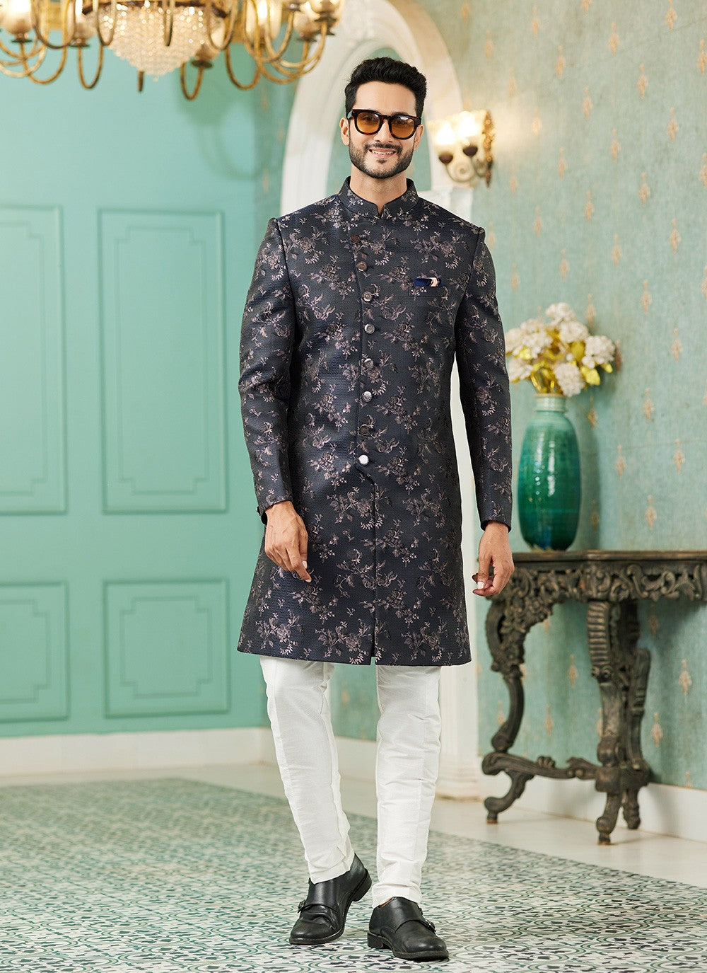 Fancy Work Imported, Jacquard Silk Blue Indo Western - M6448