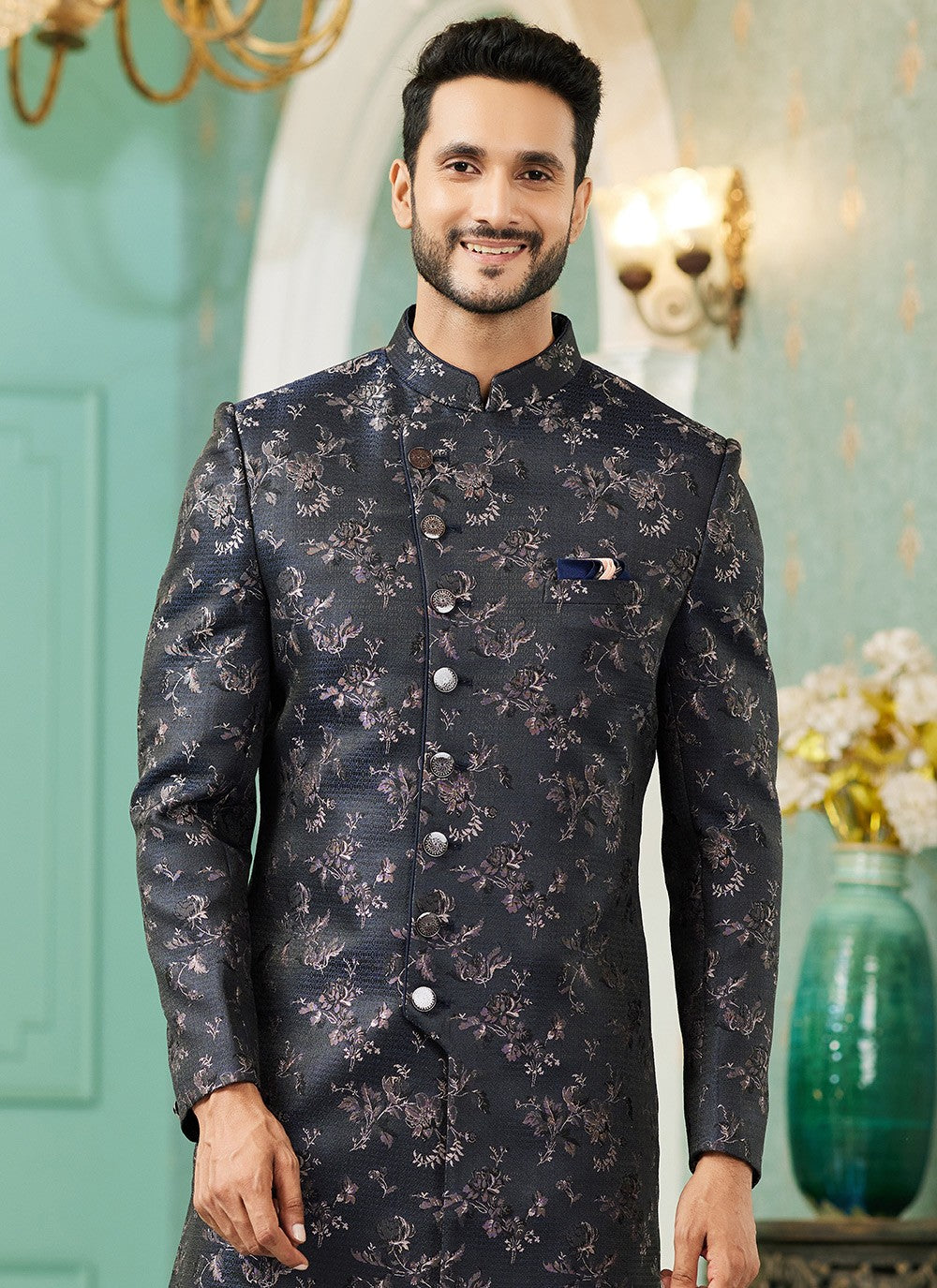 Fancy Work Imported, Jacquard Silk Blue Indo Western - M6448