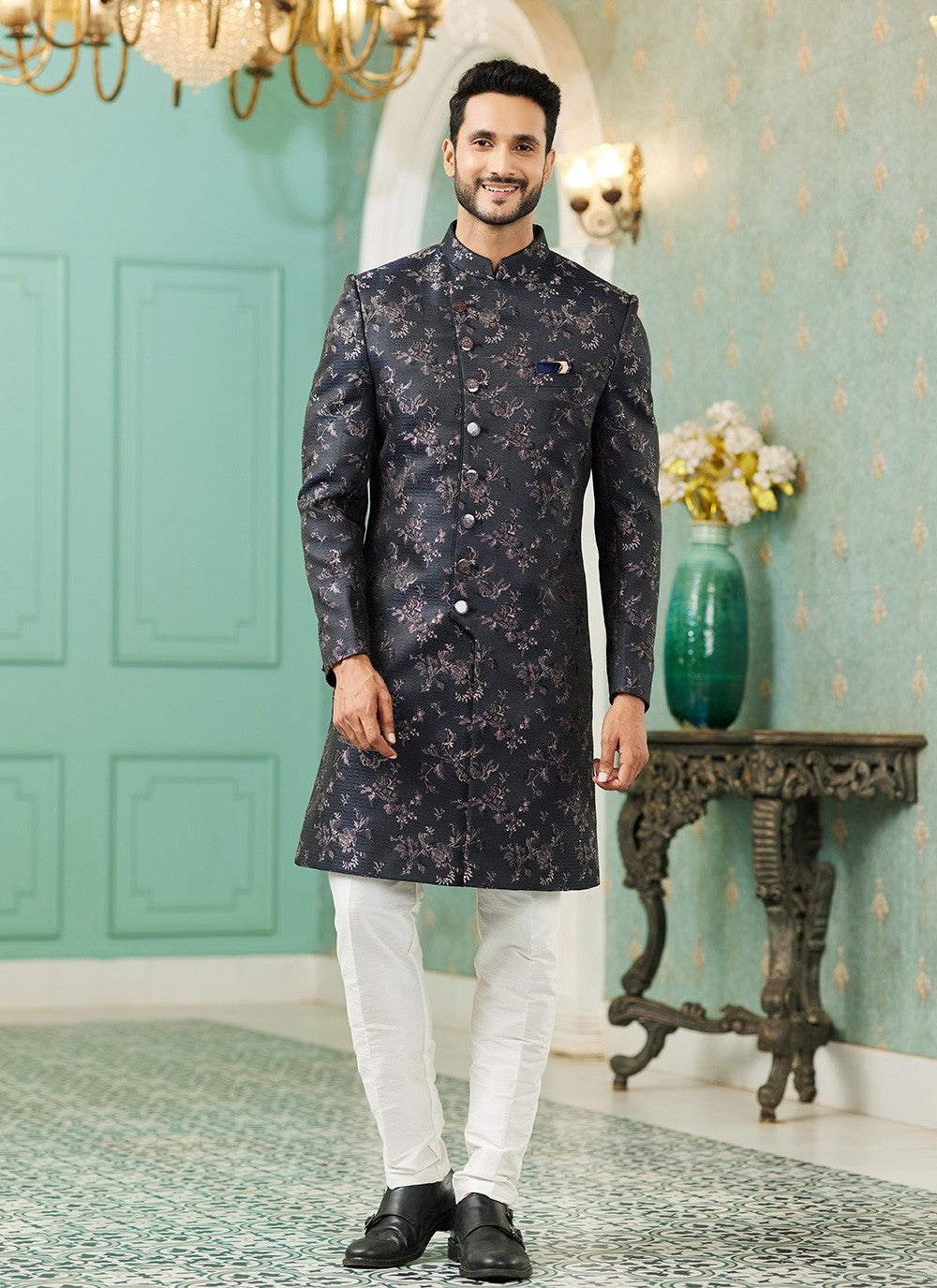 Fancy Work Imported, Jacquard Silk Blue Indo Western - M6448