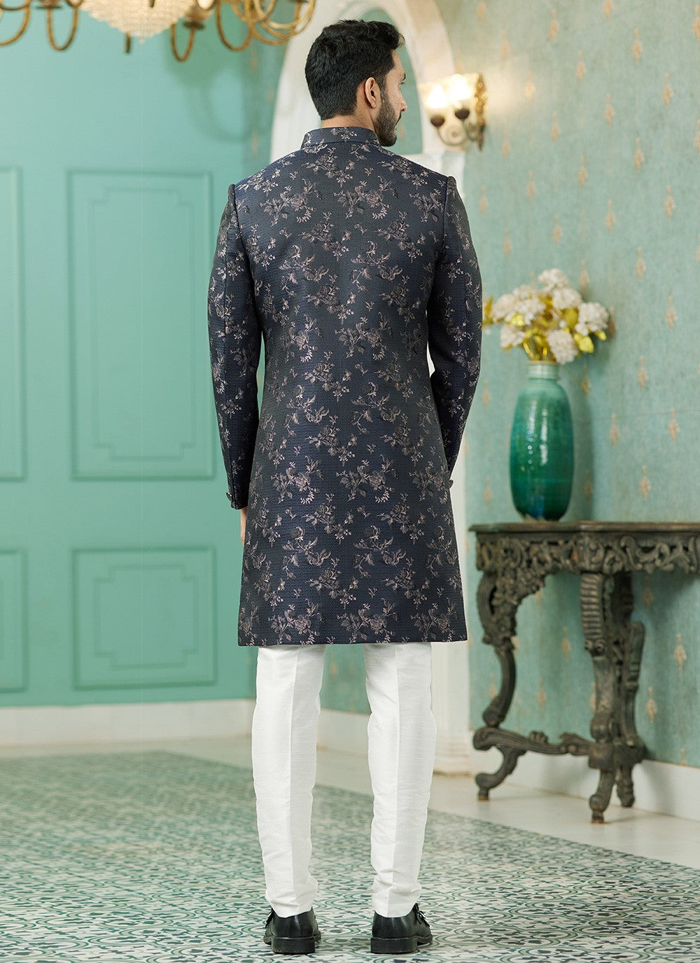 Fancy Work Imported, Jacquard Silk Blue Indo Western - M6448