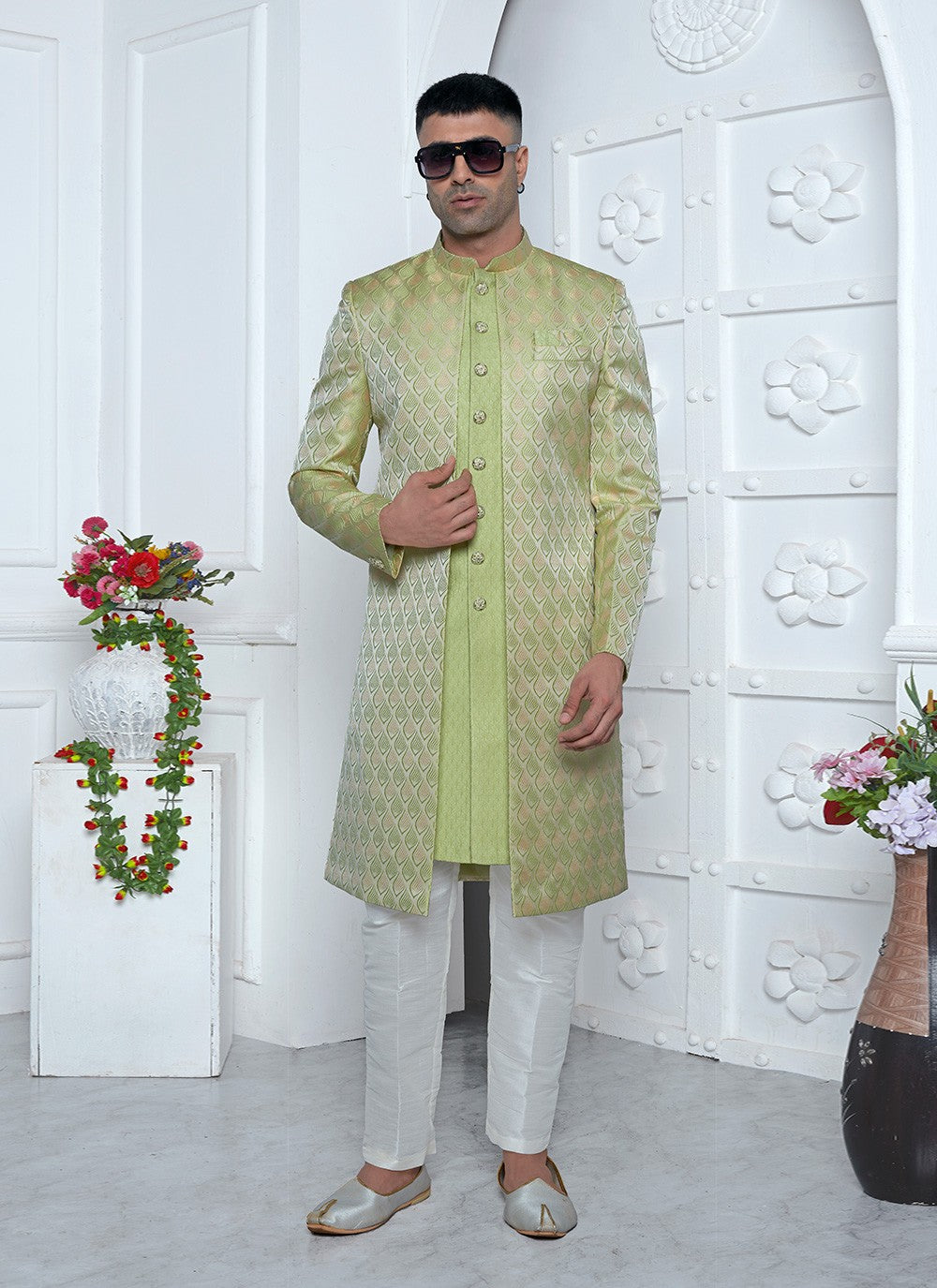 Fancy Work Jacquard Silk Green Indo Western - M6606