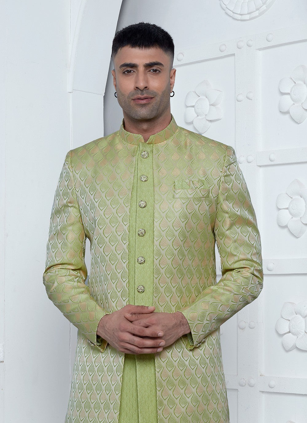 Fancy Work Jacquard Silk Green Indo Western - M6606