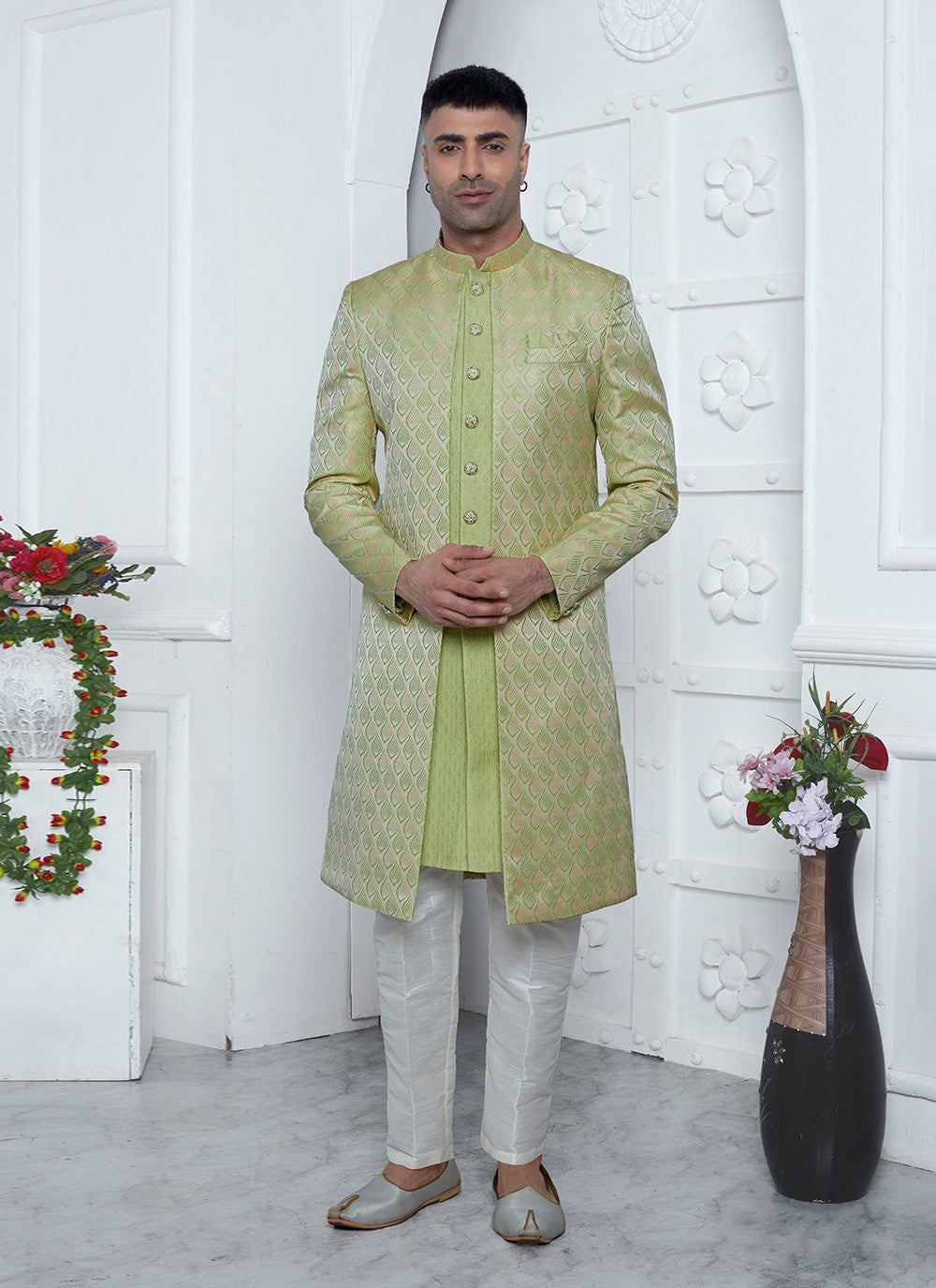 Fancy Work Jacquard Silk Green Indo Western - M6606