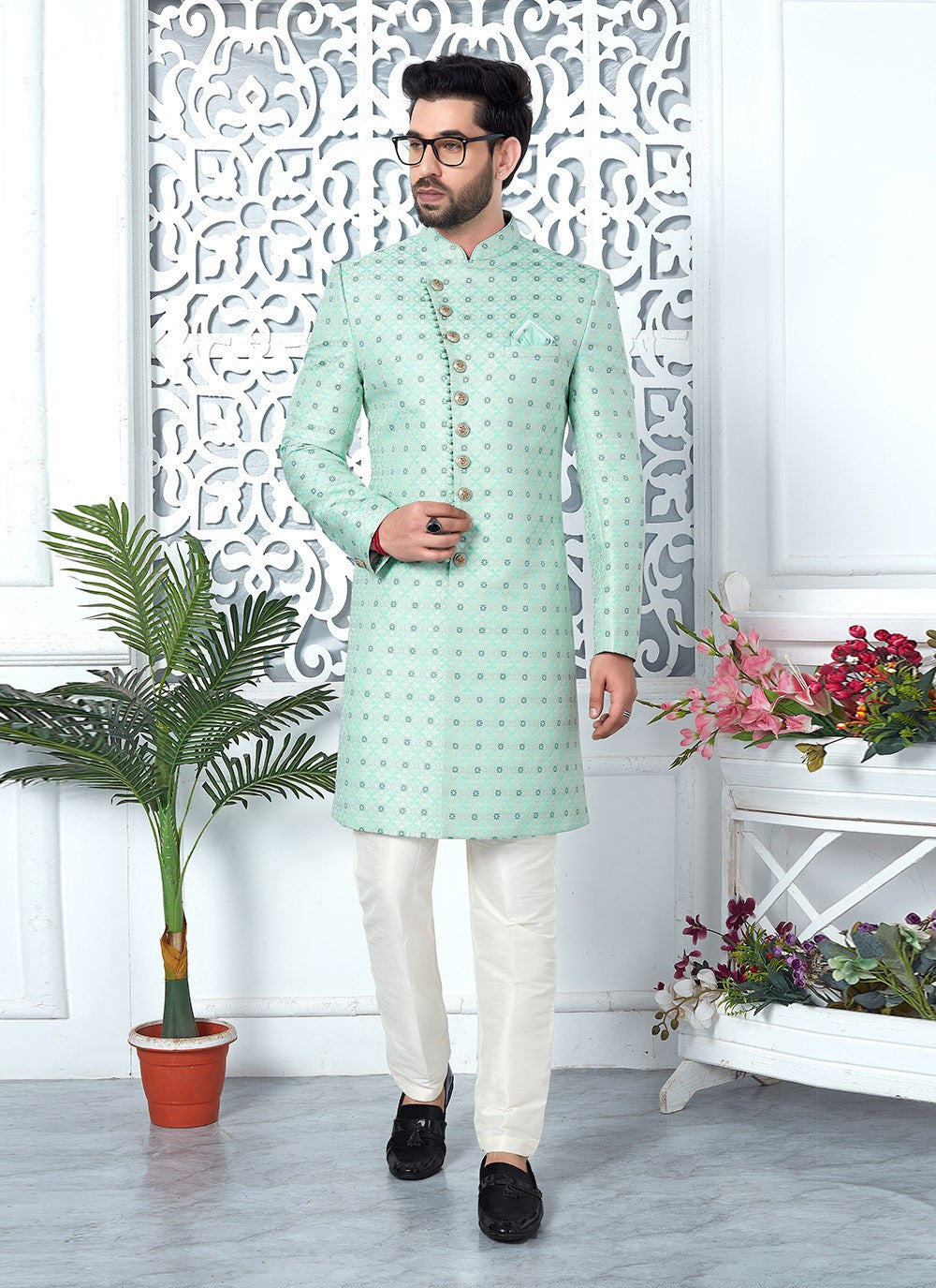 Fancy Work Jacquard Silk Sea Green Indo Western - M6625