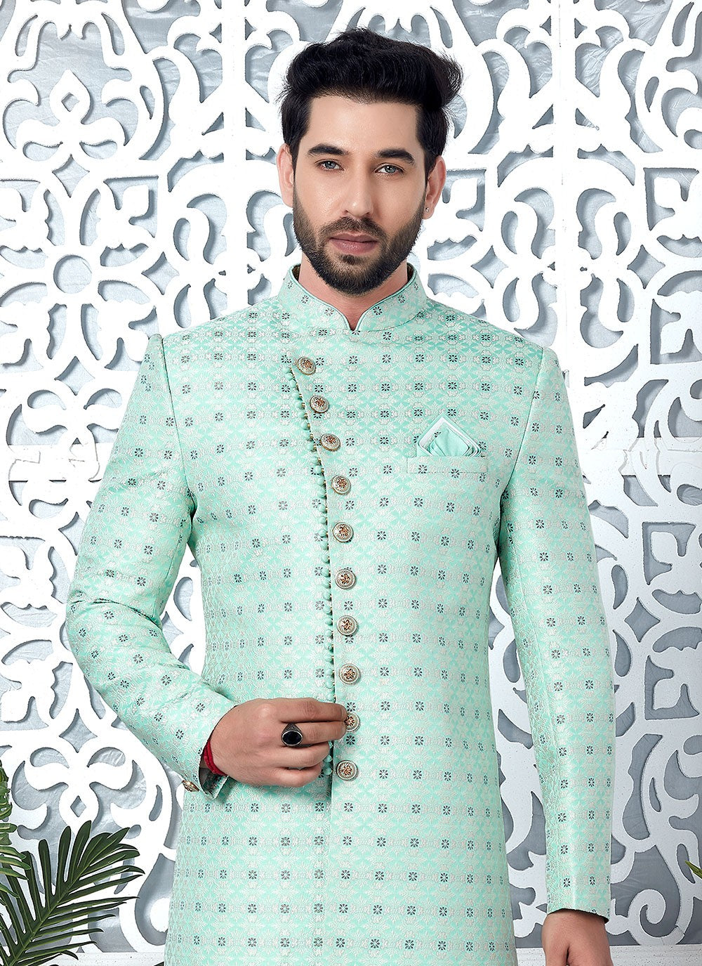 Fancy Work Jacquard Silk Sea Green Indo Western - M6625