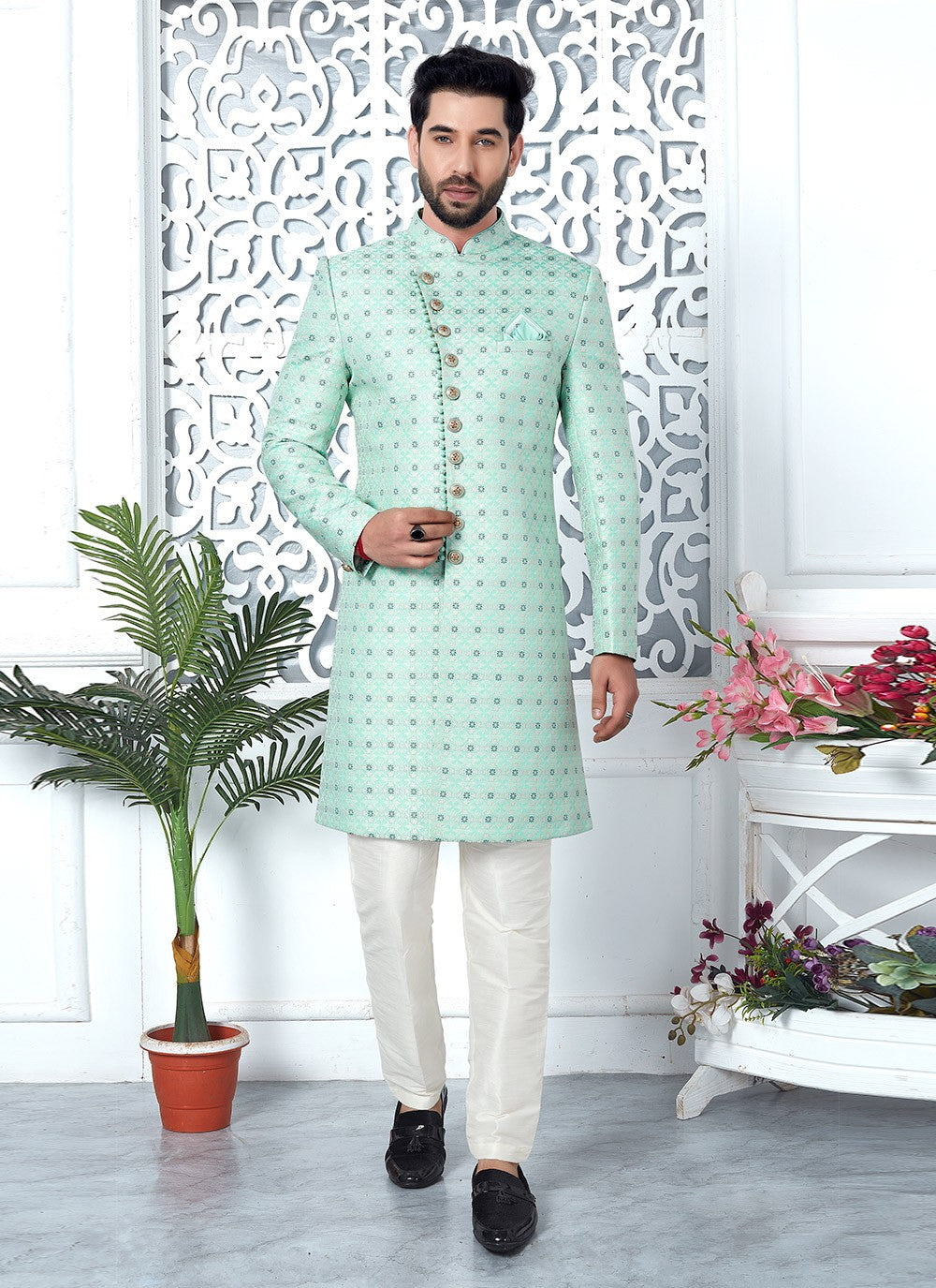 Fancy Work Jacquard Silk Sea Green Indo Western - M6625