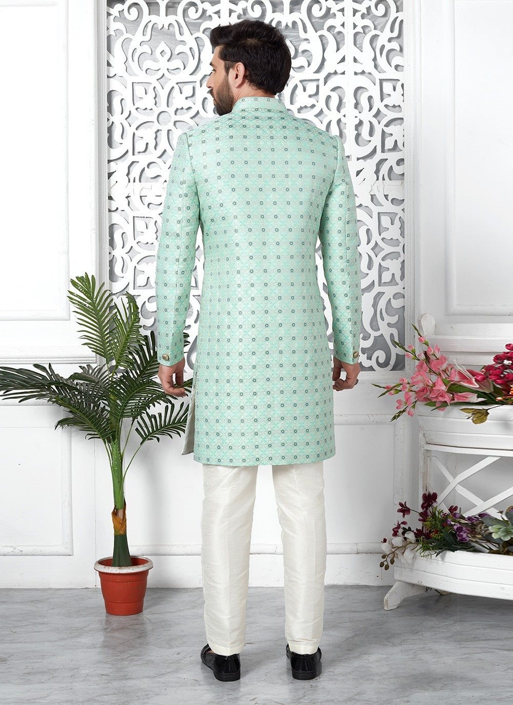 Fancy Work Jacquard Silk Sea Green Indo Western - M6625