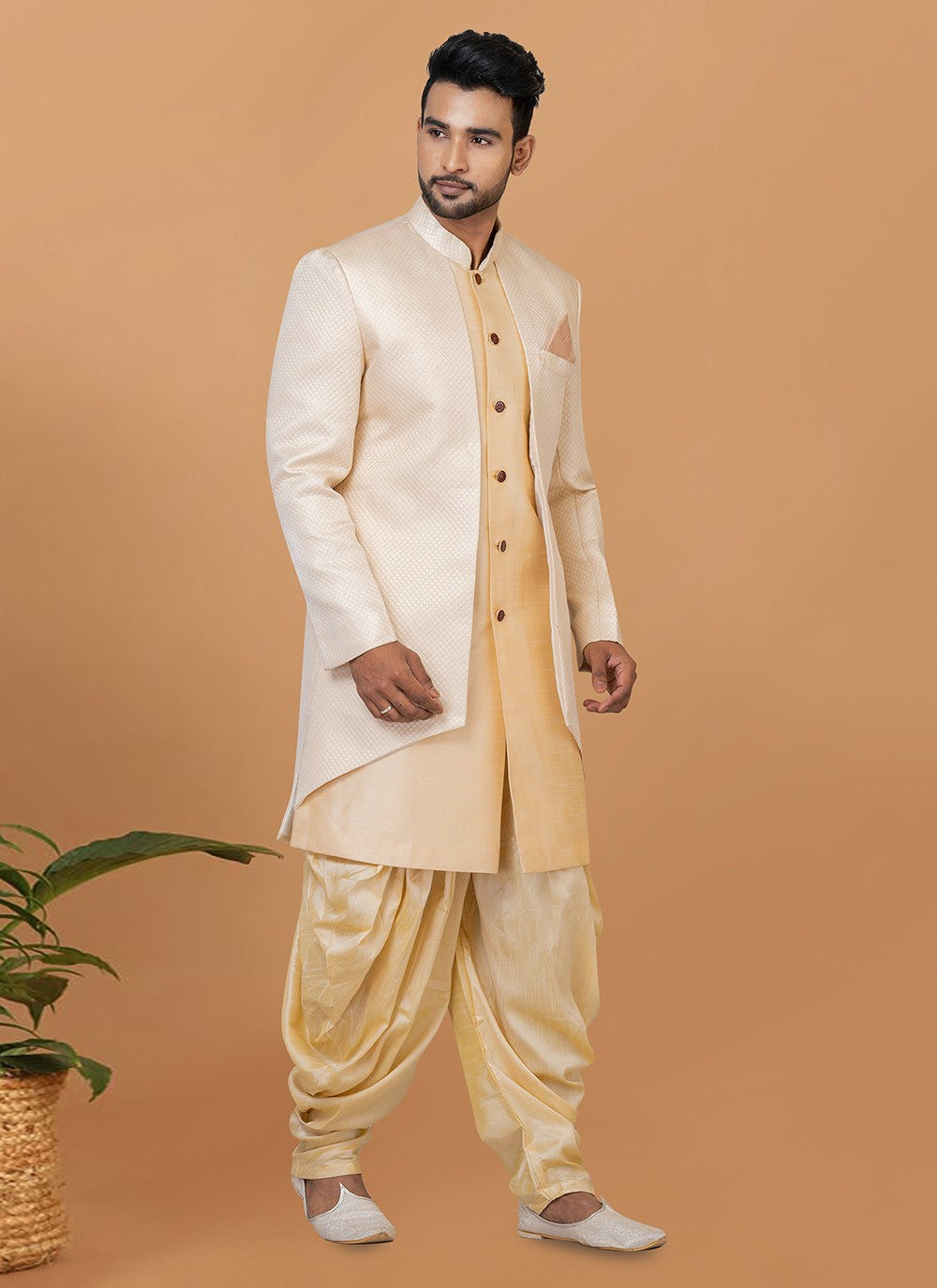 Fancy Work Dupion Silk, Jacquard Silk Cream, Off White Indo Western Sherwani - M5986