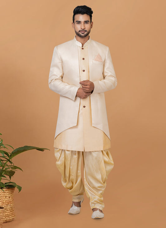 Fancy Work Dupion Silk, Jacquard Silk Cream, Off White Indo Western Sherwani - M5986