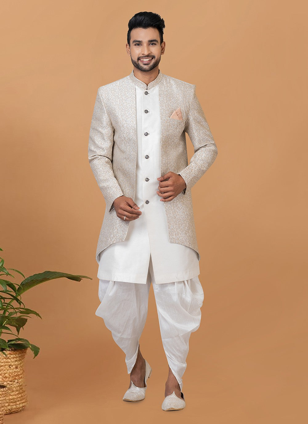 Fancy Work Dupion Silk, Jacquard Silk Grey, White Indo Western Sherwani - M6004