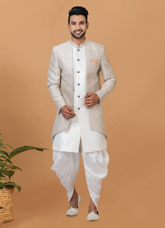 Fancy Work Dupion Silk, Jacquard Silk Grey, White Indo Western Sherwani - M6004
