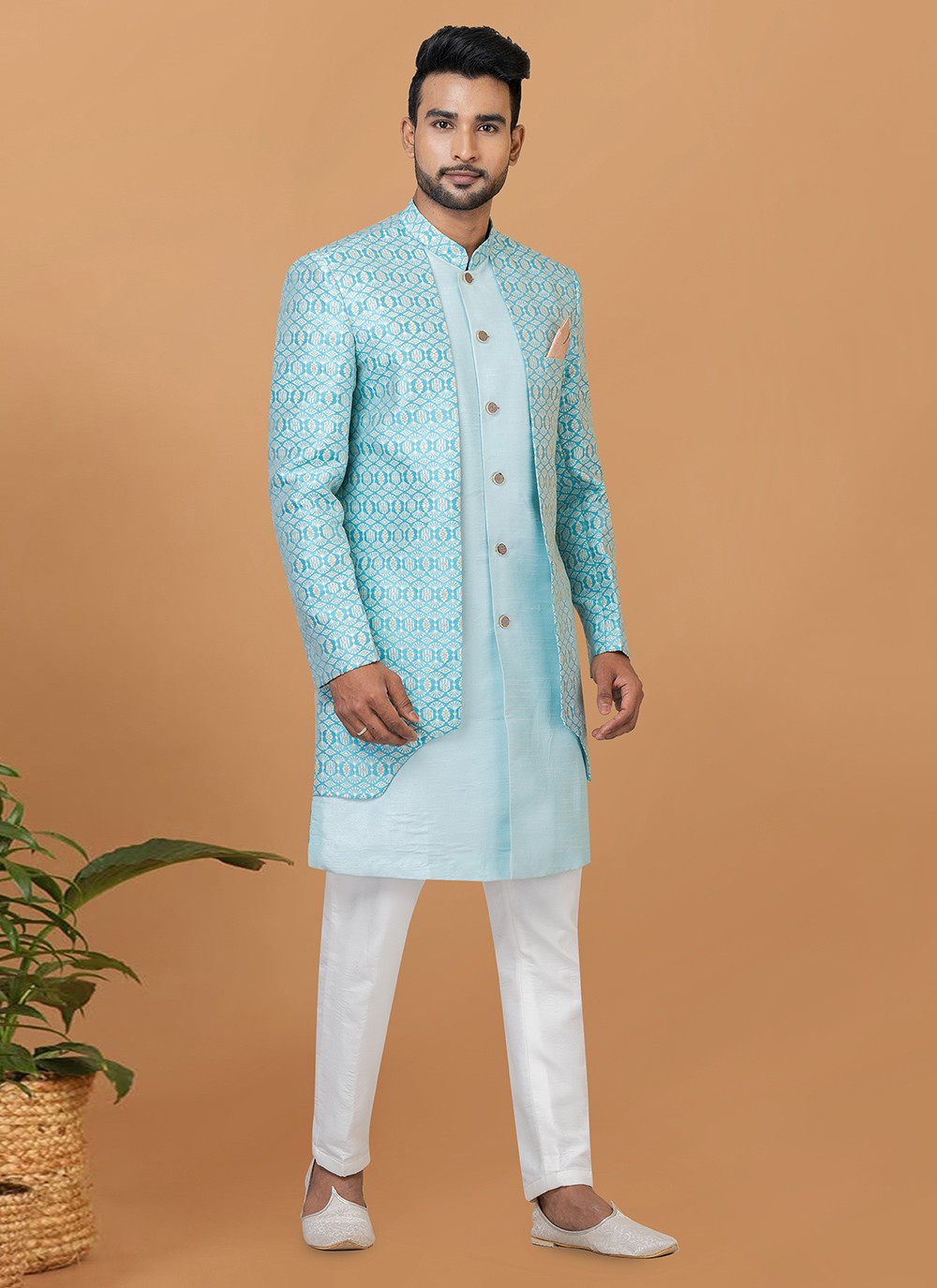 Fancy Work Dupion Silk, Jacquard Silk Turquoise Indo Western Sherwani - M5988