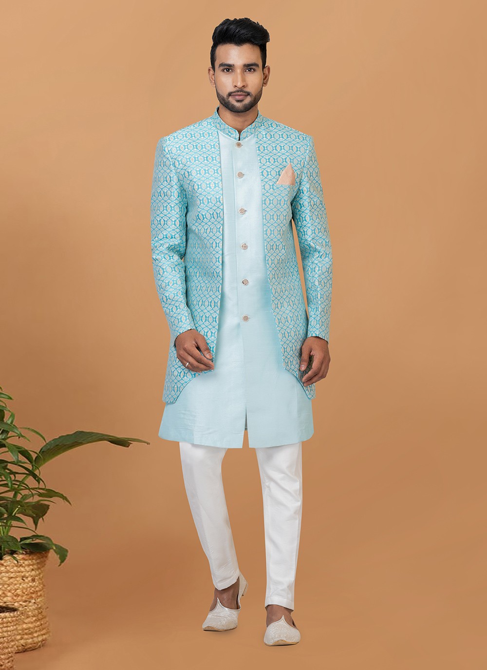 Fancy Work Dupion Silk, Jacquard Silk Turquoise Indo Western Sherwani - M5988