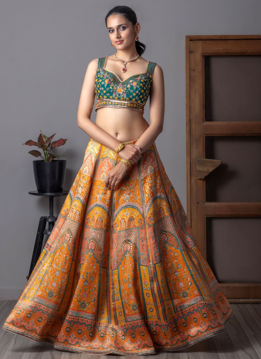 Fancy Work Tissue Mustard Lehenga Choli L3714