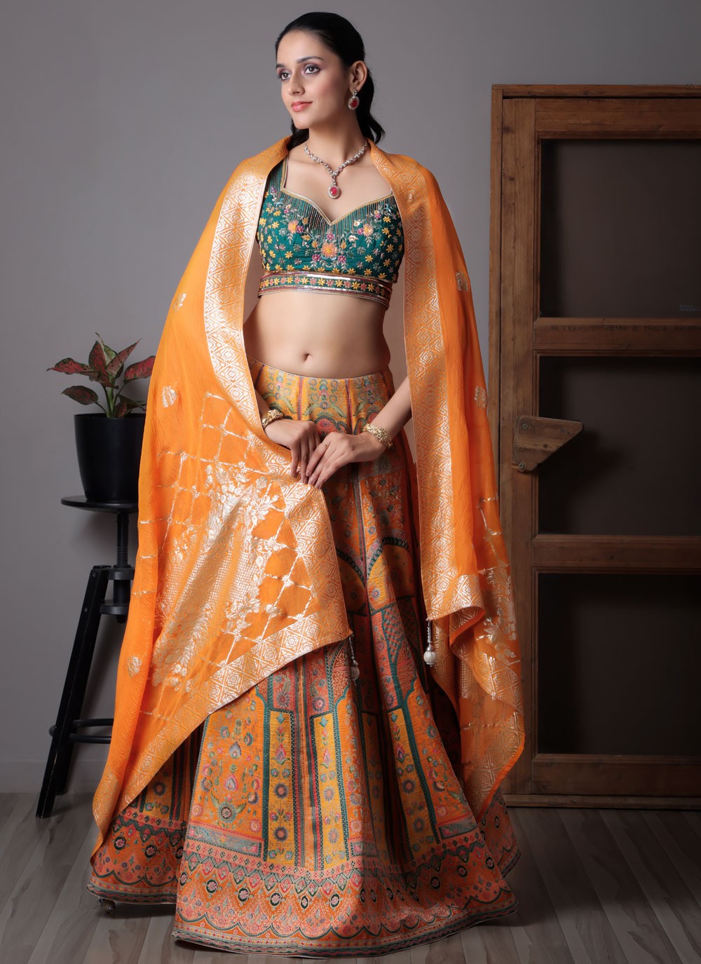 Fancy Work Tissue Mustard Lehenga Choli L3714