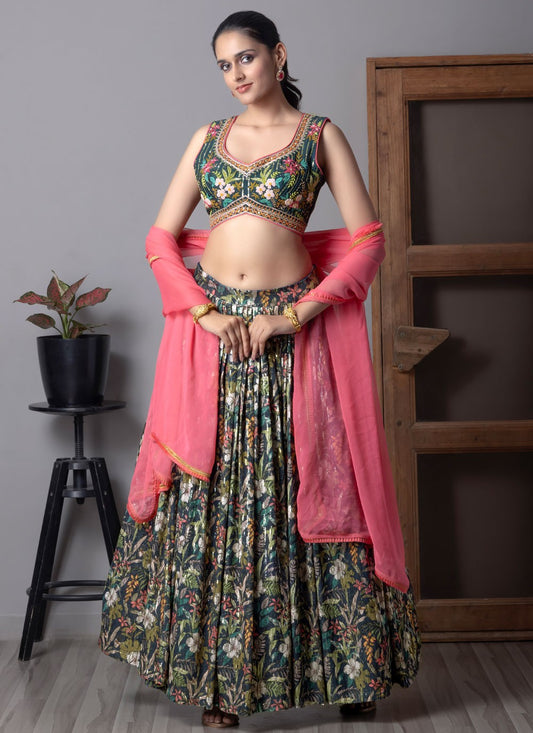 Fancy Work Organza Navy Blue Lehenga Choli L3707