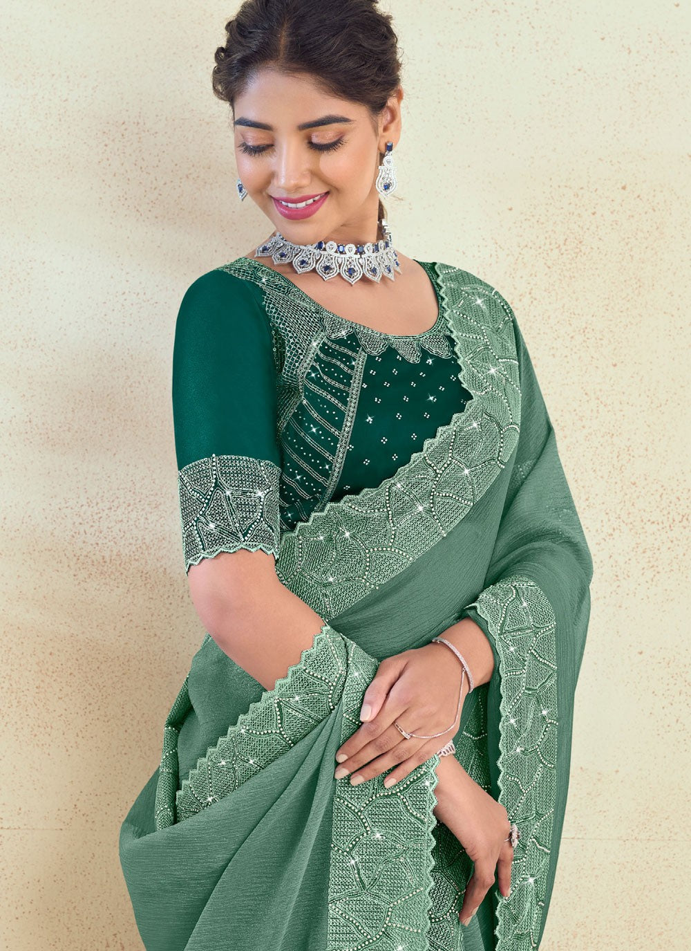 Contemporary Fancy Work Teal Silk Saree S13134