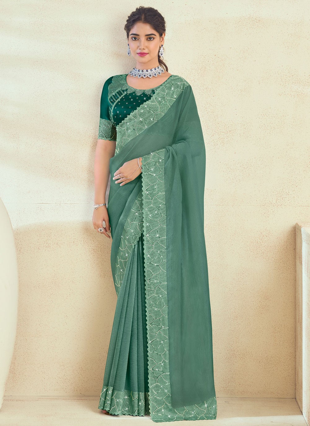 Contemporary Fancy Work Teal Silk Saree S13134