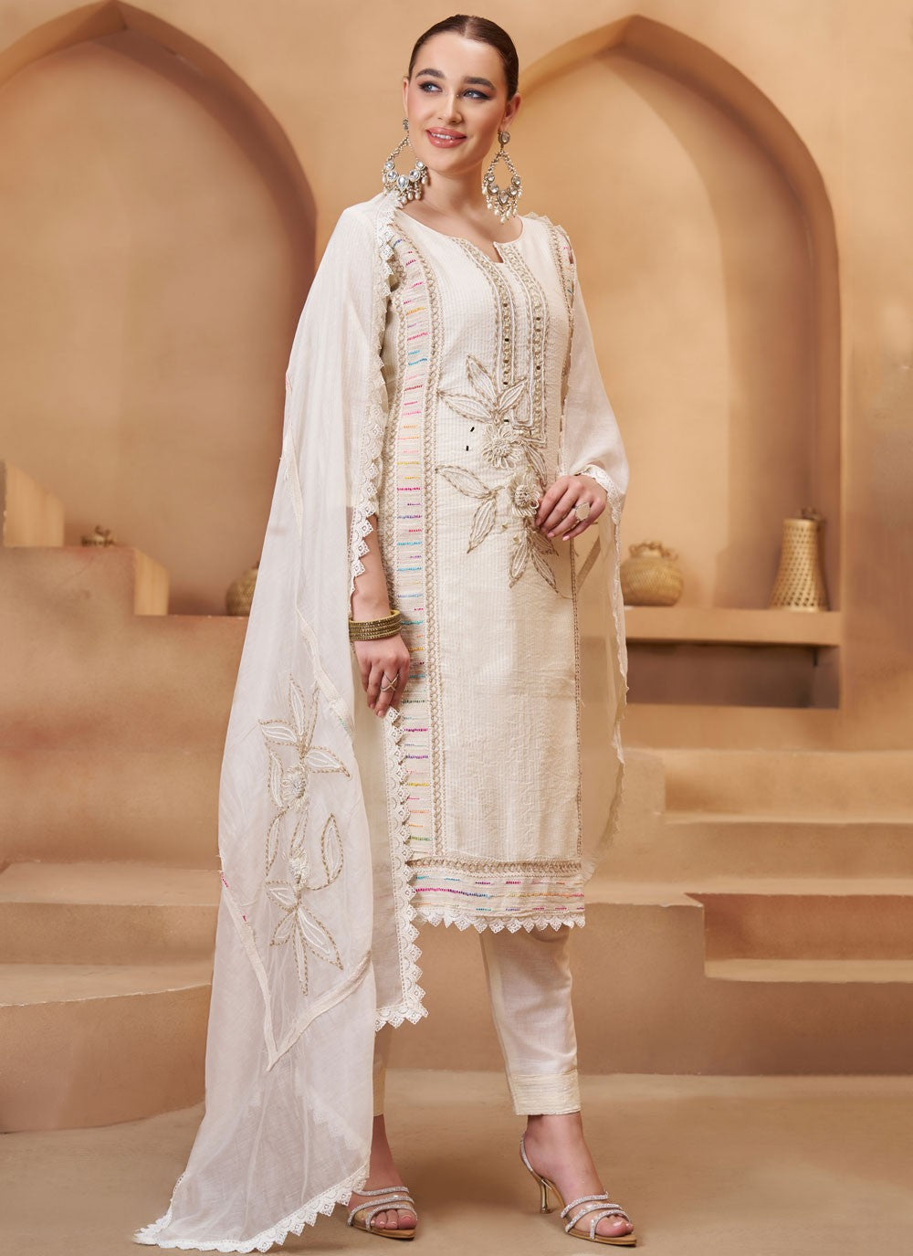 Pant Style Suit Embroidered, Fancy Work, Mirror, Thread White T7940