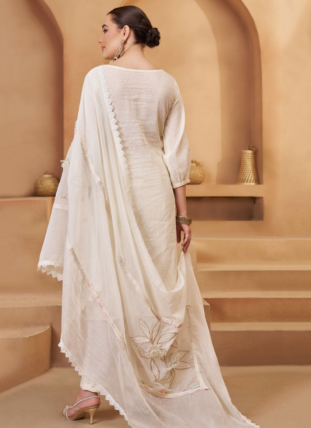 Pant Style Suit Embroidered, Fancy Work, Mirror, Thread White T7940