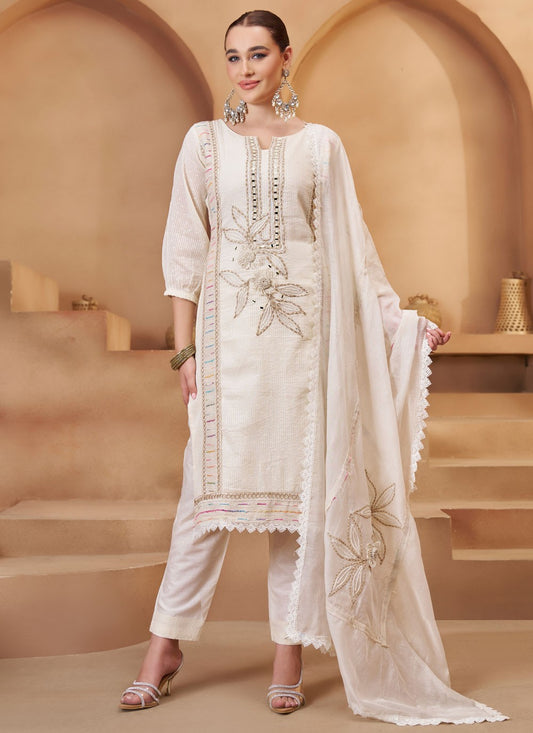 Pant Style Suit Embroidered, Fancy Work, Mirror, Thread White T7940