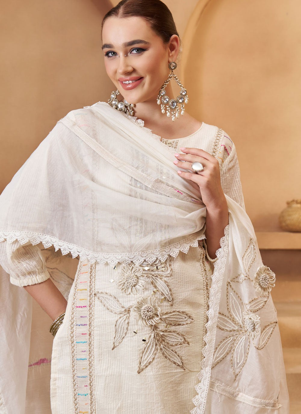Pant Style Suit Embroidered, Fancy Work, Mirror, Thread White T7940