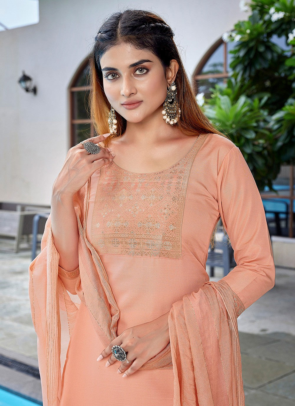 Fancy Work Blended Cotton Peach Salwar Suit T6068