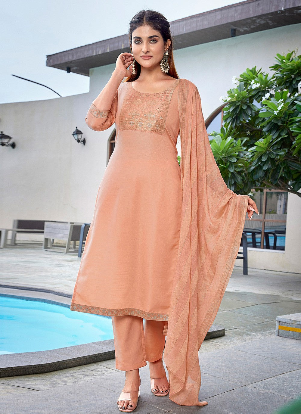 Fancy Work Blended Cotton Peach Salwar Suit T6068