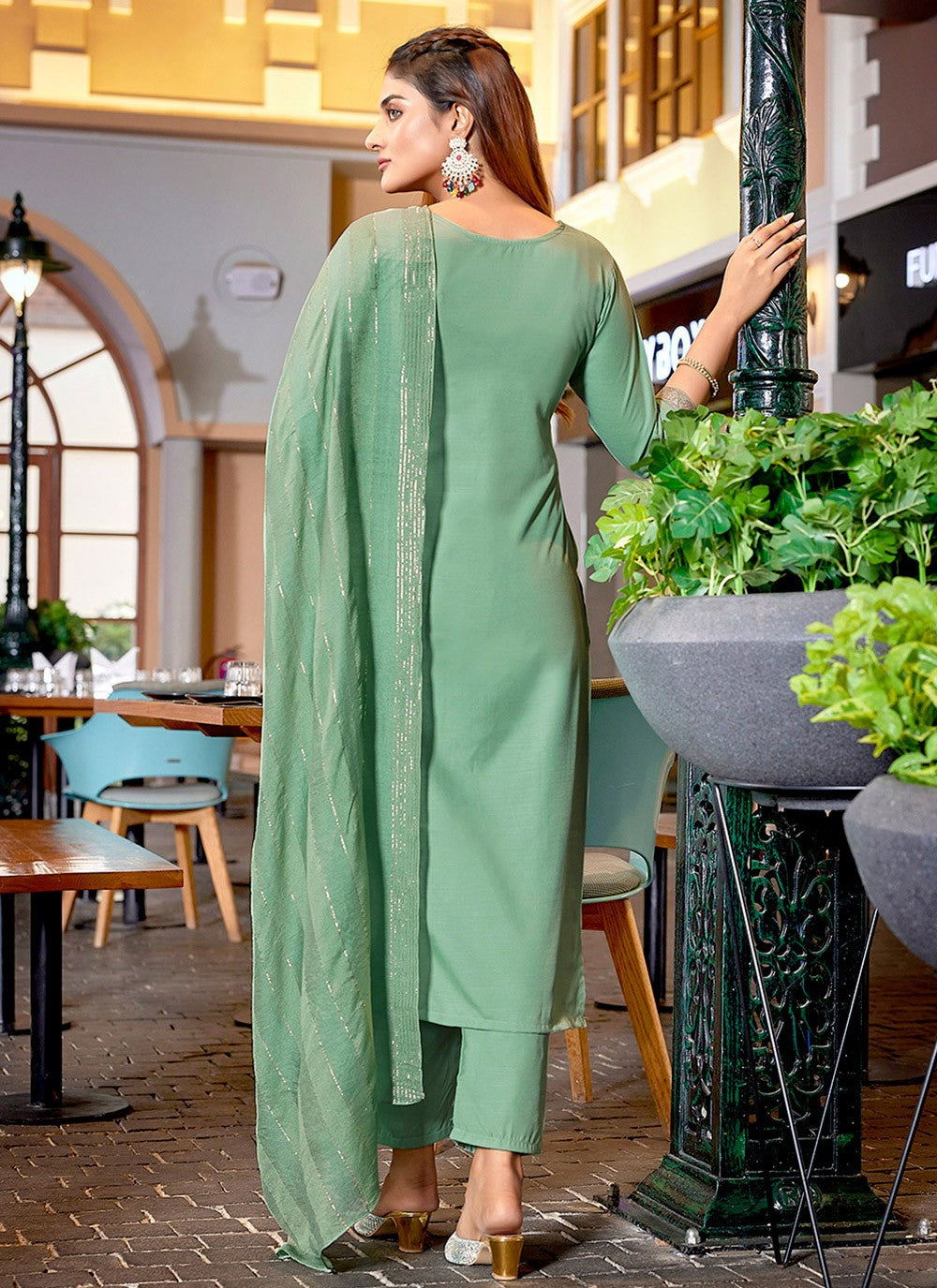 Fancy Work Blended Cotton Sea Green Salwar Suit T6069