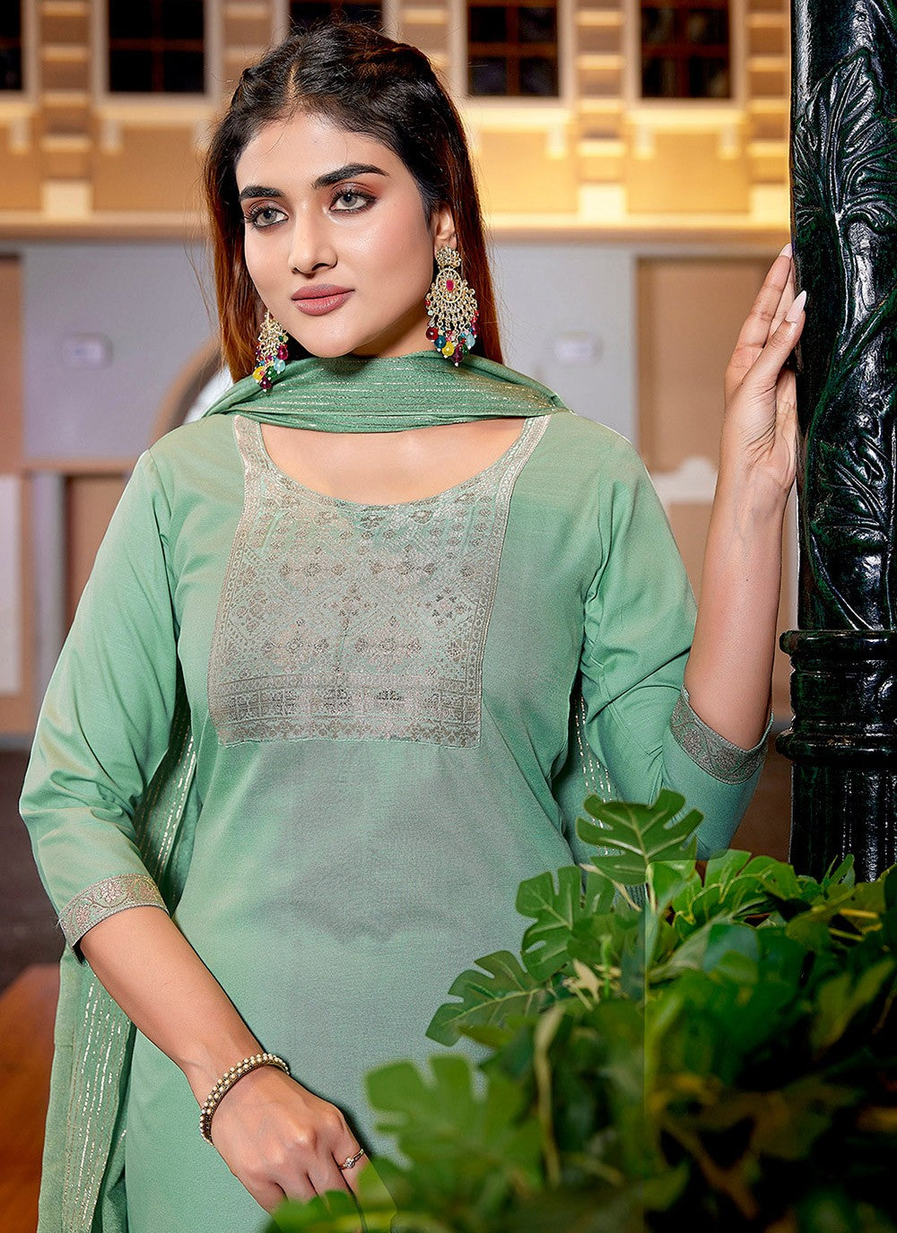 Fancy Work Blended Cotton Sea Green Salwar Suit T6069