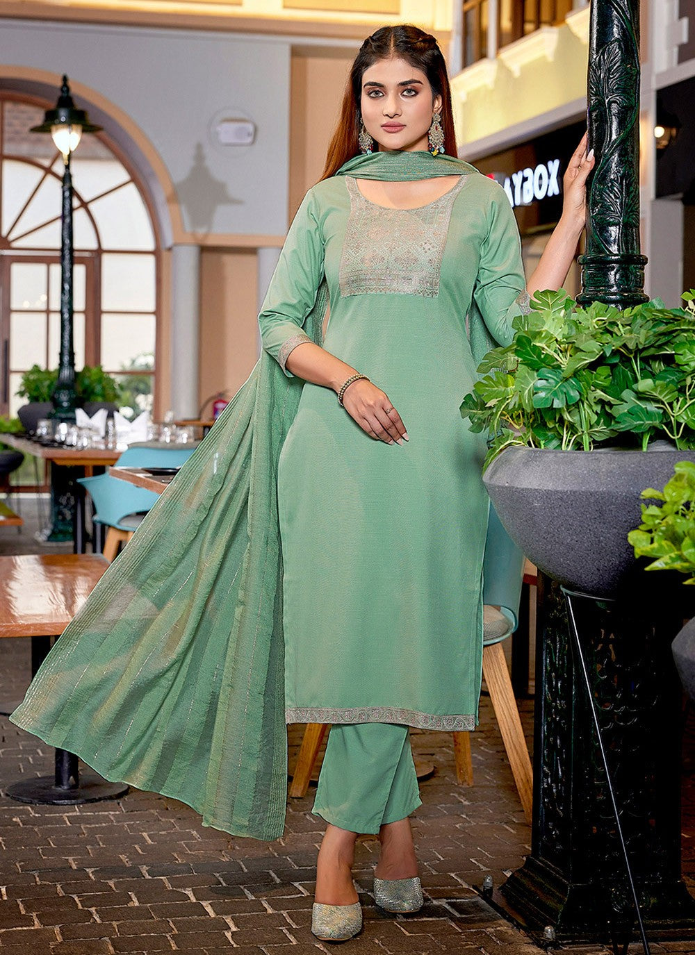 Fancy Work Blended Cotton Sea Green Salwar Suit T6069