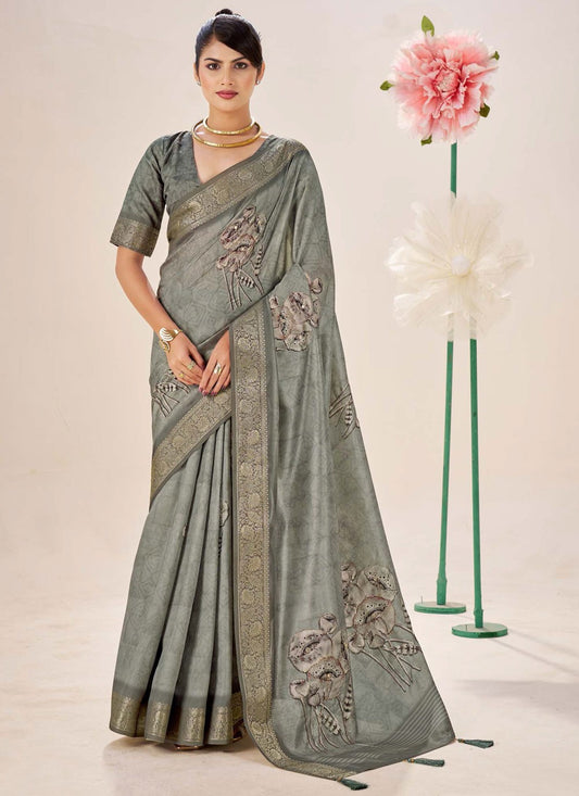 Grey Silk Classic Saree Border Work, Fancy Work, Printed, Weaving Zari S19077