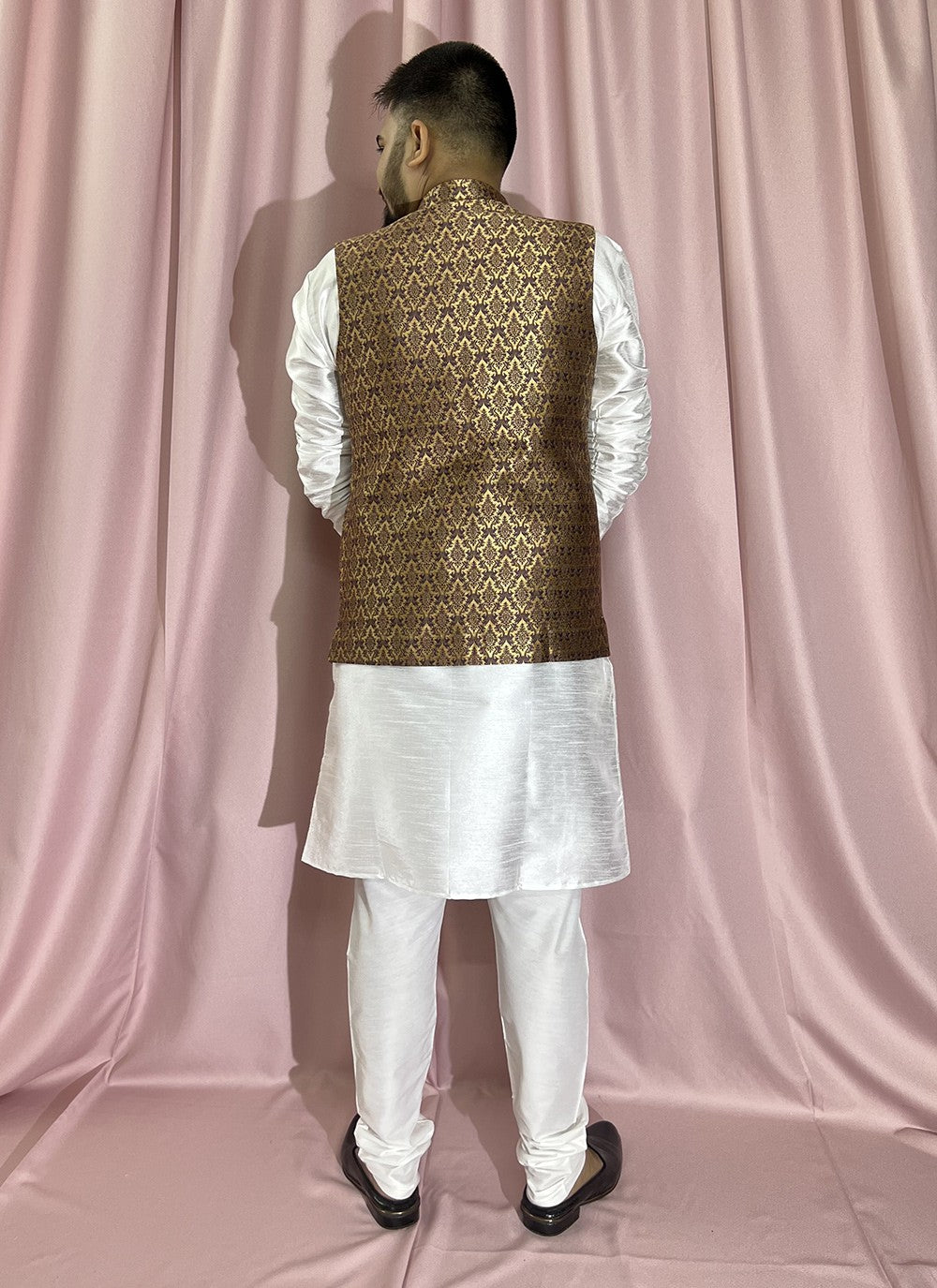 Fancy Work Jacquard, Silk Gold, White, Wine Kurta Payjama With Jacket - M5888