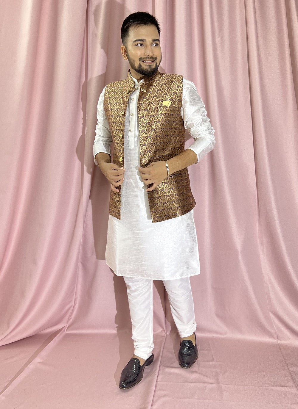 Fancy Work Jacquard, Silk Gold, White, Wine Kurta Payjama With Jacket - M5888