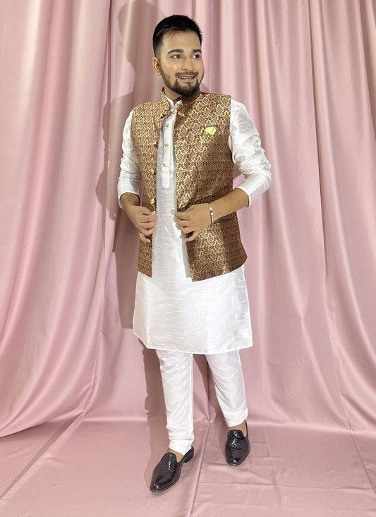 Fancy Work Jacquard, Silk Gold, White, Wine Kurta Payjama With Jacket - M5888