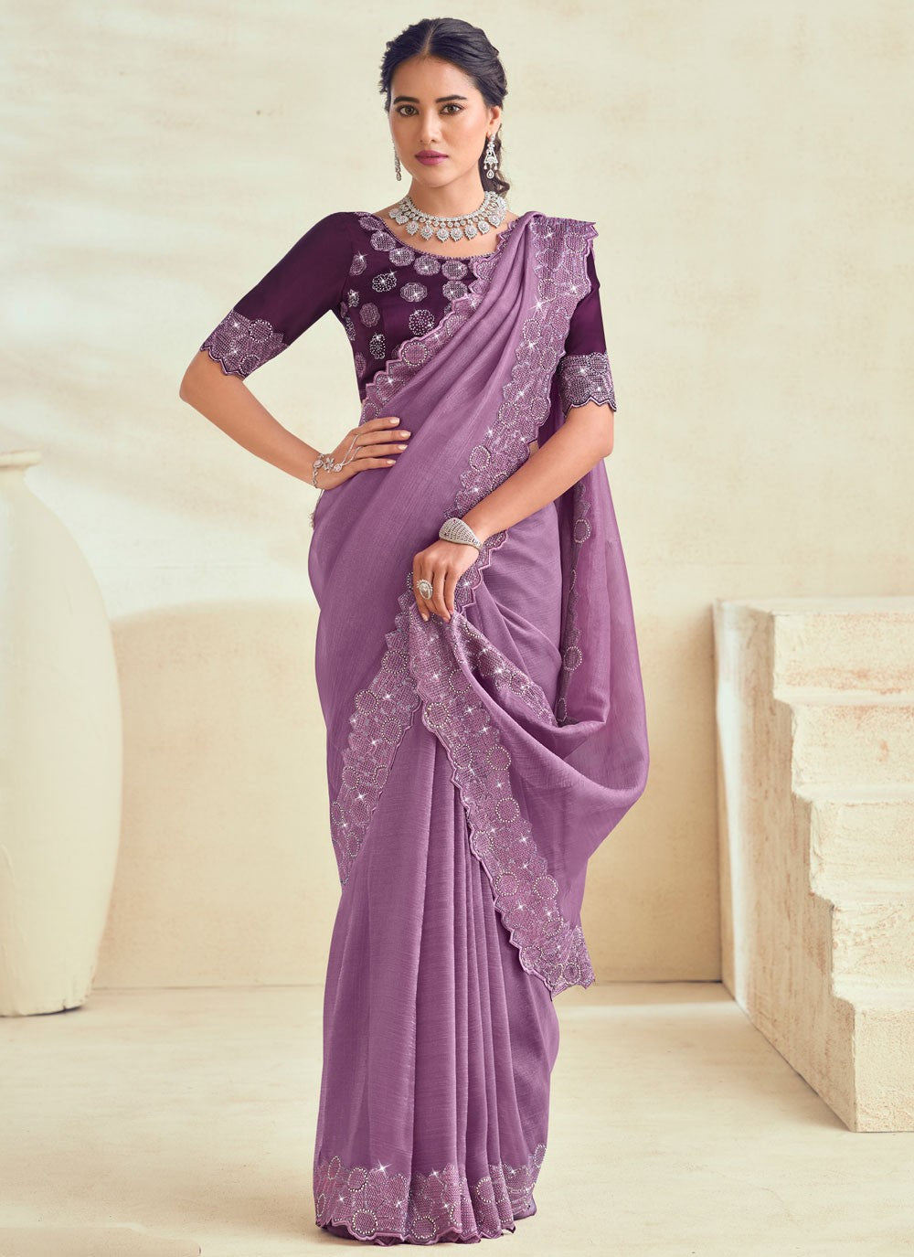 Traditional Fancy Work Purple Silk Saree S13136