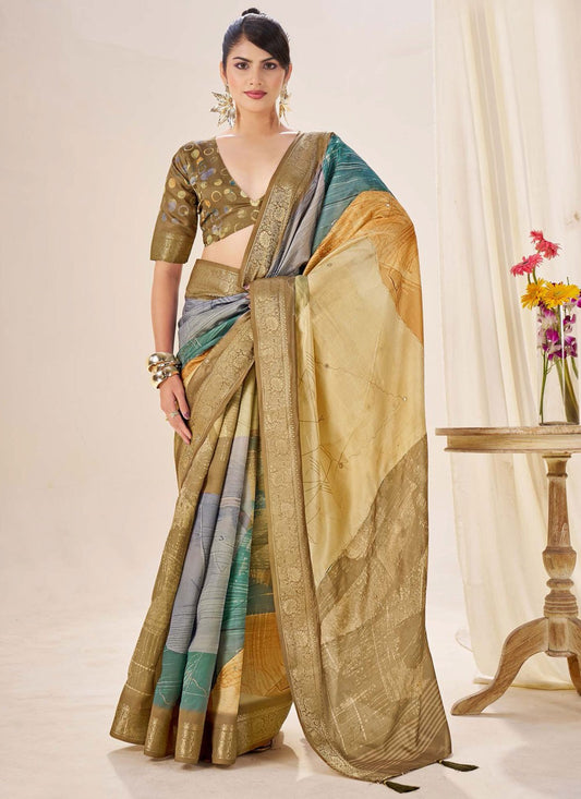 Multi Colour Silk Traditional Saree Border Work, Fancy Work, Printed, Weaving Zari S19075