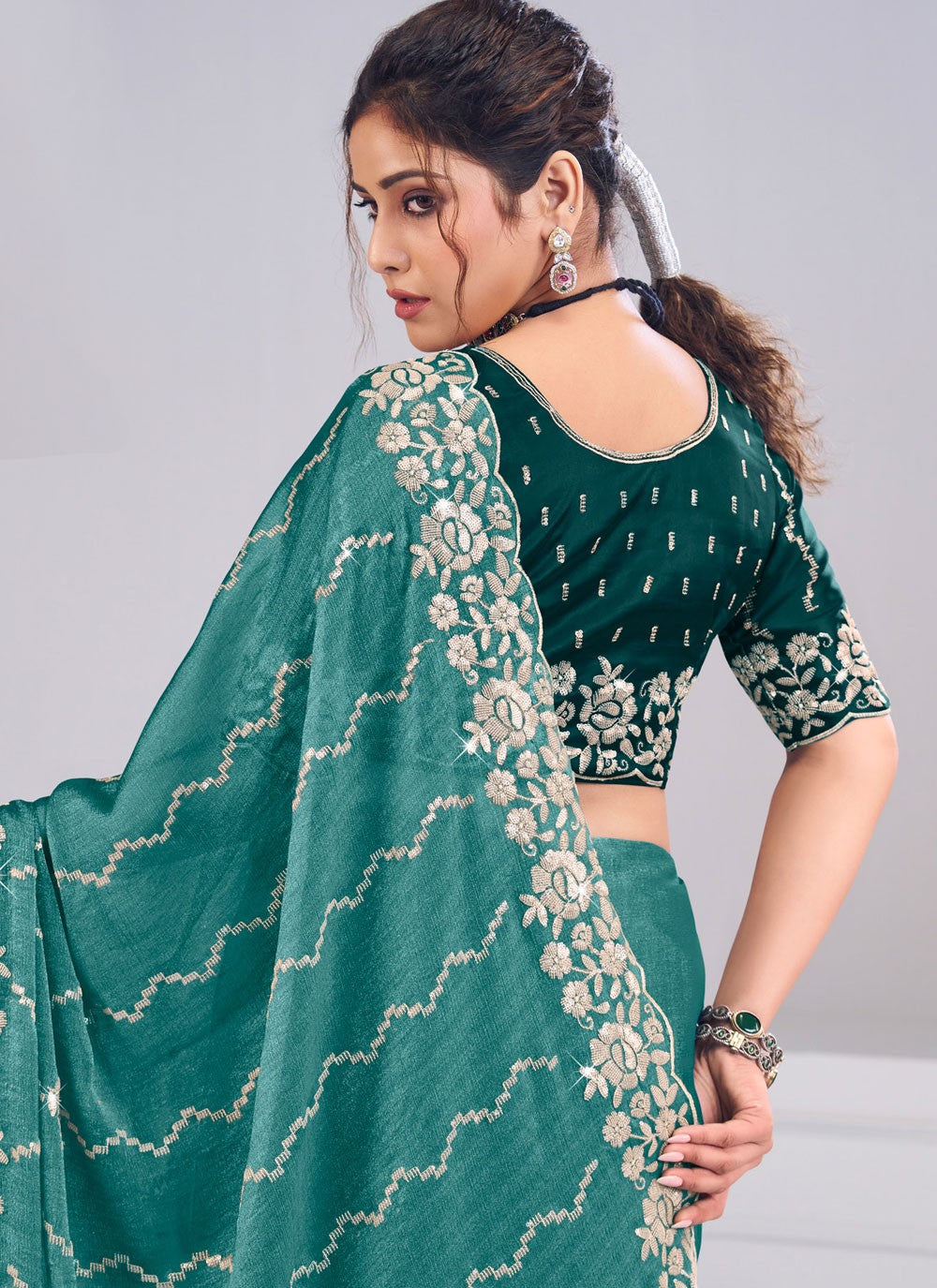 Sea Green Silk Traditional Saree Fancy Work S19873