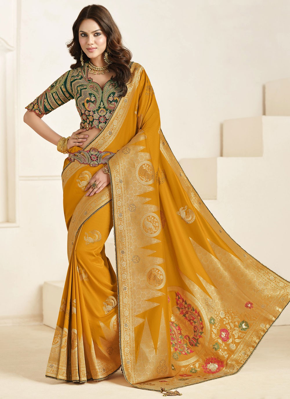 Mustard Silk Traditional Saree Fancy Work, Weaving Zari, Zari S18844