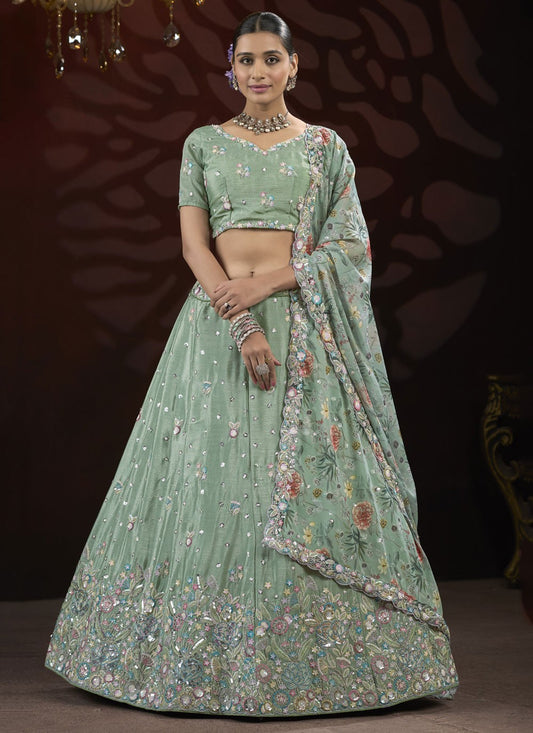 Embroidered Net Sea Green Lehenga - L3211