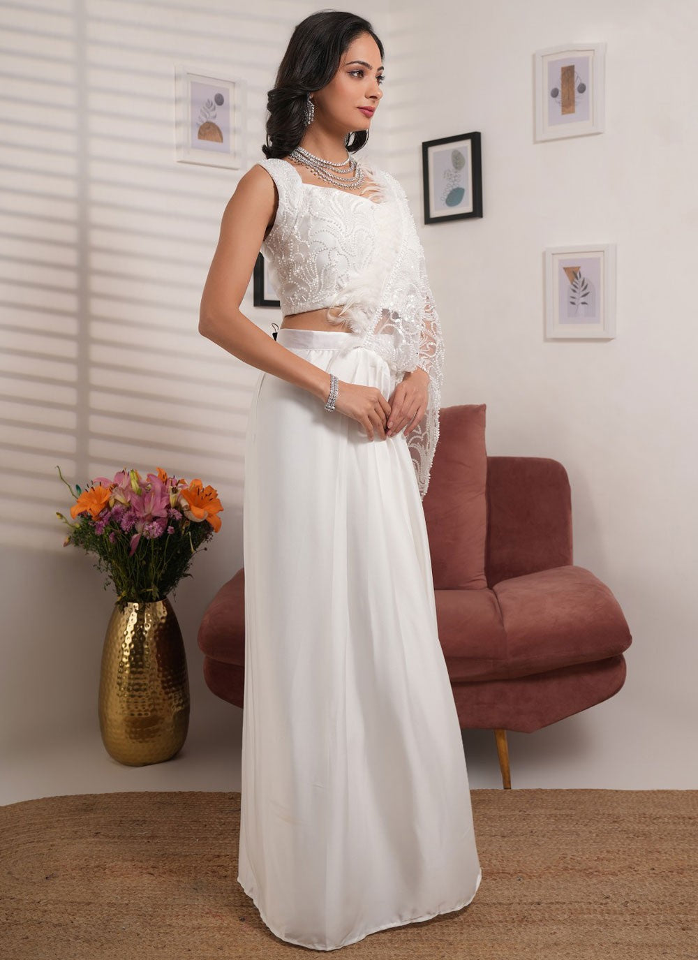 Lehenga Saree Embroidered White Satin Saree S13173