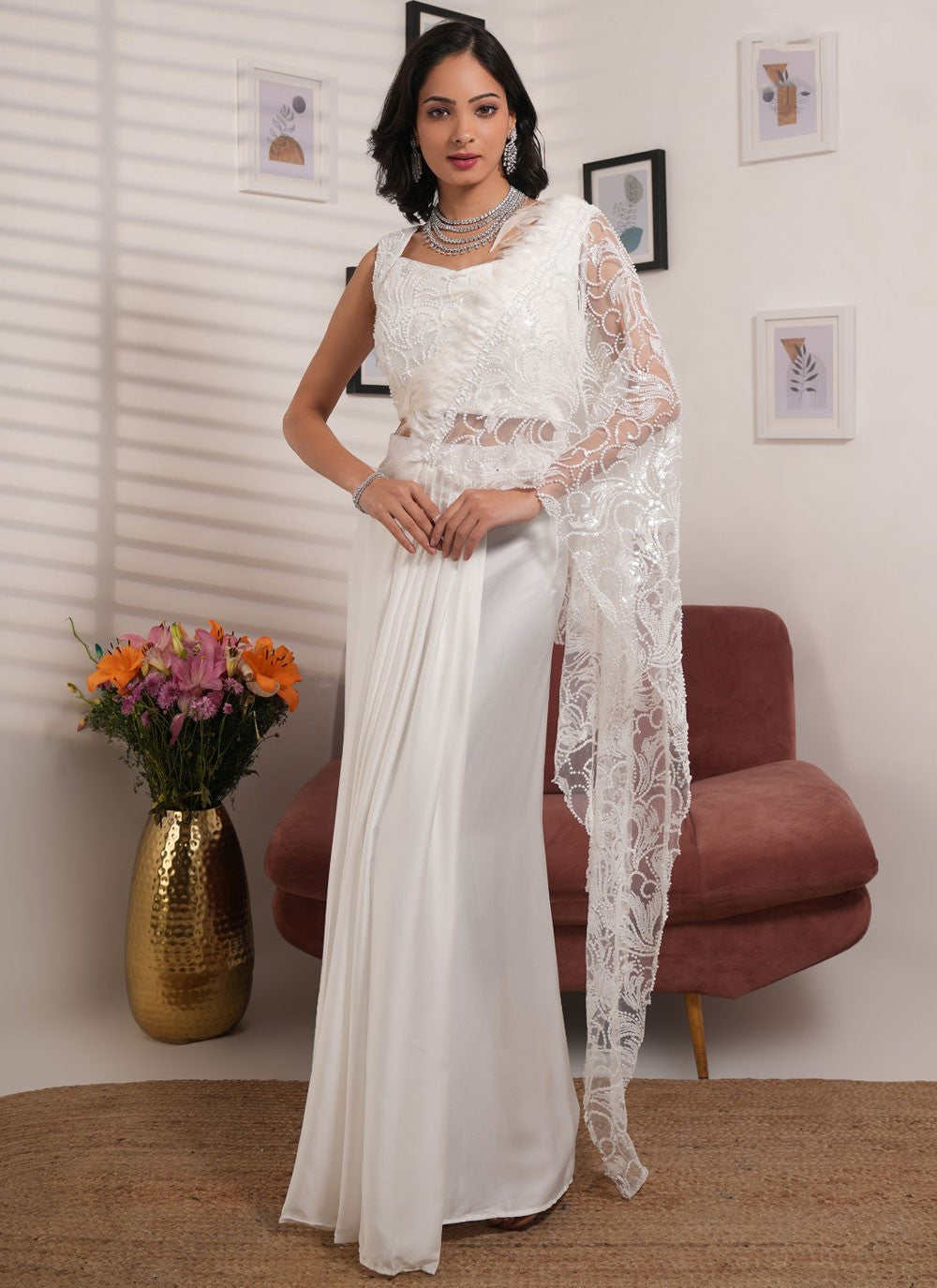Lehenga Saree Embroidered White Satin Saree S13173