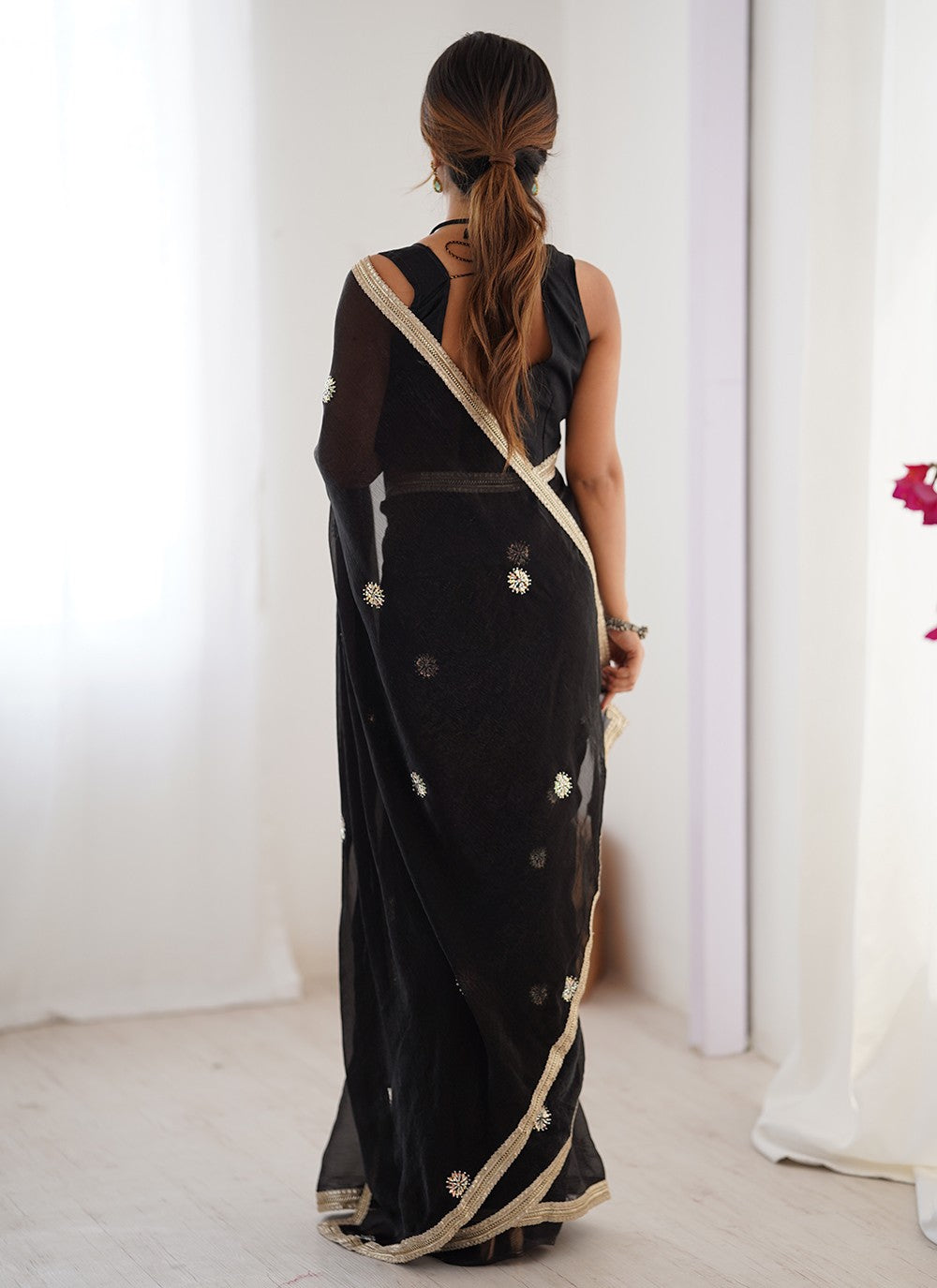Black Fandy Contemporary Saree Beads, Sequins S16228